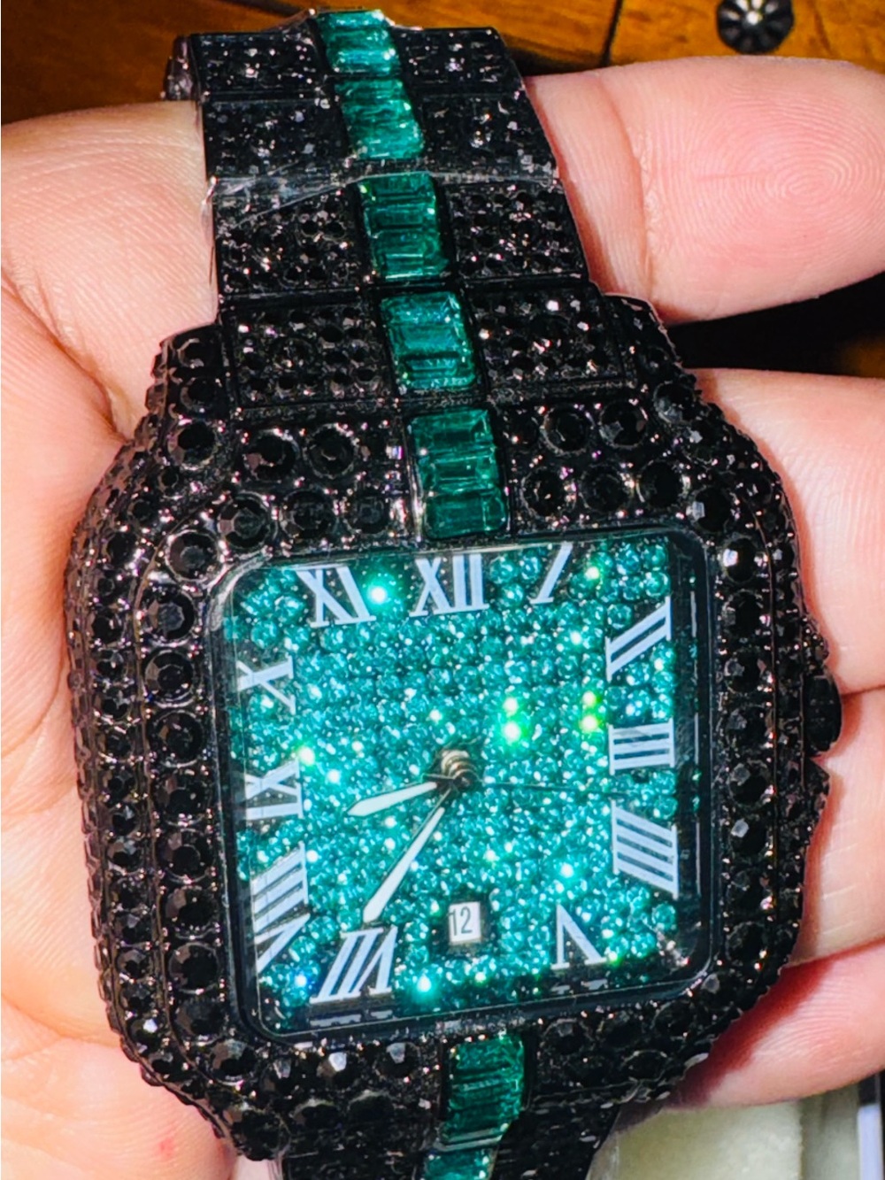 Green Crystal-Embellished Square Watch - Black Band
